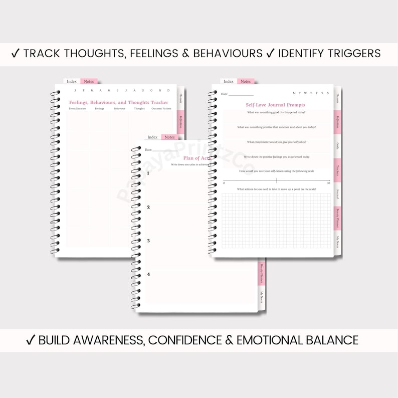 May include: Two spiral-bound journals with pink tabs and text. One journal has self-love prompts, the other tracks feelings and behaviours. Text includes: "Track Thoughts, Feelings & Behaviours" and "Identify Triggers." The journals aim to build awareness.
