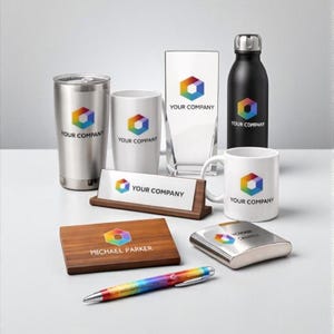 Puede incluir: Una colección de artículos promocionales con un logotipo geométrico colorido y el texto "YOUR COMPANY." Los artículos incluyen un vaso de acero inoxidable, una taza de cerámica blanca, un premio de acrílico transparente, una botella de agua negra, un tarjetero de madera y un bolígrafo.