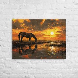 May include: A painting depicting a dark brown horse drinking from a still body of water at sunset. The sun is setting behind the horse, casting a warm orange glow on the sky and water.