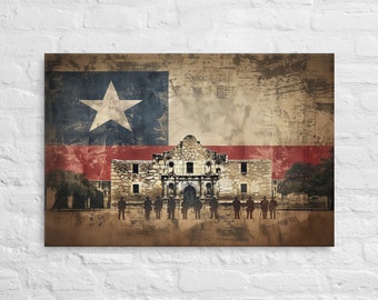 May include: A vintage-style illustration of the Alamo, a historic fort in San Antonio, Texas, superimposed on a distressed Texas flag. The flag is red, white, and blue with a single white star in the blue canton. The Alamo is depicted in a light brown color with a red roof and white windows. The image has a faded, worn look, giving it a vintage feel.
