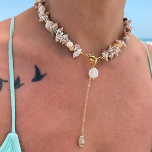 Shell Choker Necklace with Pearl Drop | Handmade Beach Jewelry | Natural Shell Statement Necklace | One of a Kind