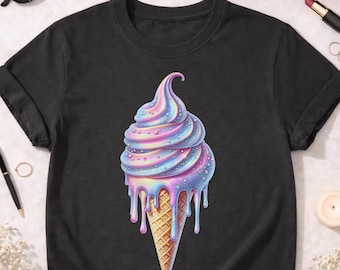 Kawaii Melting Ice Cream PNG | Pastel Glitter Soft Serve Clipart | Cute Ice Cream T-Shirt Design | Aesthetic Dessert PNG | iridescent PNG