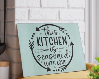 Cute This Kitchen Is Seasoned With Love Glass Cutting Board Gift Idea For Mom, Funny Kitchen Chopping Board Present For Mother.