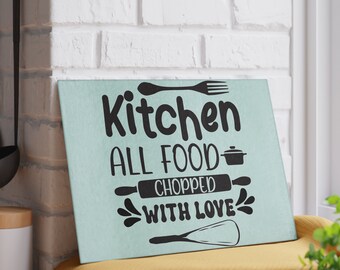 Cute Kitchen All Food Chopped With Love Glass Cutting Board Gift Idea For Mom, Cool Kitchen Chopping Board Present For Mother.