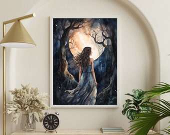 Surreal Wall Art, "Enchanted Moonlight", Mystical Forest, Surreal Prints, downloadable prints, watercolor Wall Art.