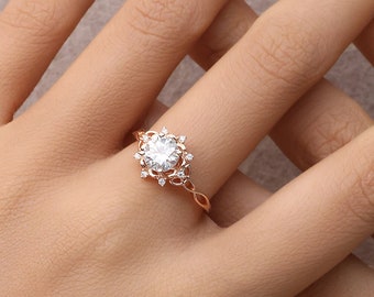 14K Round Cut Moissanite Ring, Filigree Floral Ring, Vintage Engagement Ring, Art deco Wedding Ring for Women, Unique Twist Ring