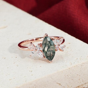 14K Marquise Moss Agate Engagement Ring: Natural Inspired Wedding Ring