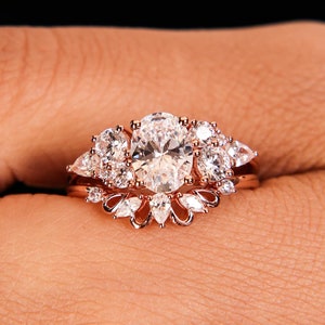 Nature Inspired Engagement Ring Set, 14K Oval Cut Moissanite Wedding Ring, Unique Floral Cluster Ring, Vintage Proposal Ring, Art deco Ring