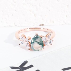 14K Pear Moss Agate Engagement Ring: Butterfly Wedding Ring