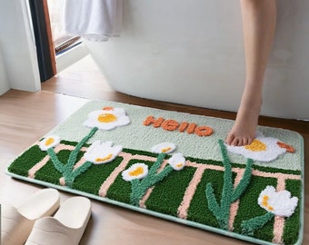Getufteter, rutschfester Badezimmerteppich mit Gänseblümchenmuster | Weicher wasserabsorbierender Teppich mit Blumenmuster | Flauschiger Badezimmer-Bodenteppich | Gänseblümchen-Badematte