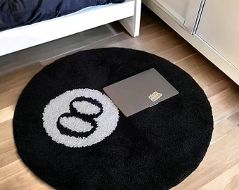 Tufted 8 Ball Rug | Soft 8 Ball Pool Carpet | Black & White Game Rug