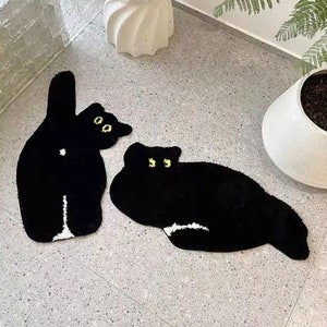 Cute Cartoon Black Cat Rug | Soft Animal Non-Slip Bathroom Mat |  Whimsical Floor Decor | Aesthetic kids Doormat