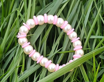 Pearl and Pink Beaded Stretchy Bracelet
