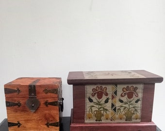 Vintage Trunks, UNIQIUE VINTAGE Bundle of 2 Small Treasure Chest Trunks, Kathy Graybill USA Handmade Country Style Decor Vintage Jewelry Box