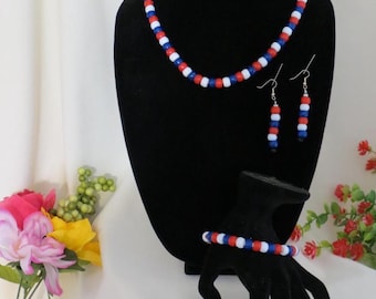 Red White and Blue Seed Bead Jewelry Set: Patriotic Boho Style