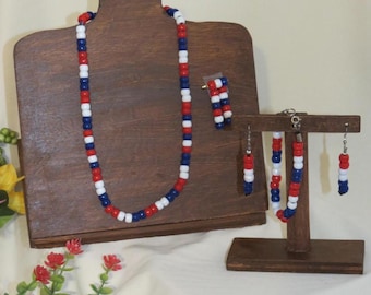 Patriotic Seed Bead Jewelry Set: Red White Blue Boho Style