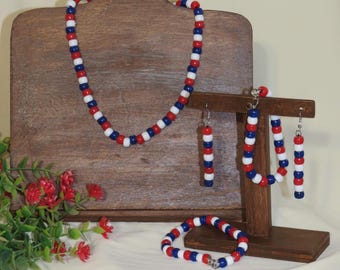 Patriotic Seed Bead Jewelry Set: Red White Blue 4th of July