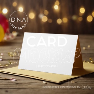 Folded card mockup | horizontal card on a wooden table | food tent card mockup | card with lights background | DIN A size photoshop mockup
