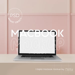 MacBook-mockup | laptop-mockup | MacBook i ett modernt rosa rum | 12" MacBook-mockup | Photoshop PSD | elegant rosa mockup