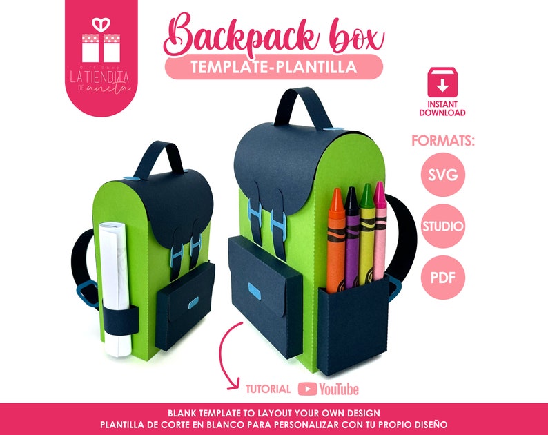 May include: A green and black backpack box template for crafting. The template includes a blank space for personalisation. The image also shows a tutorial link on YouTube.