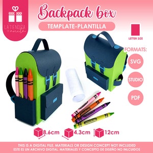 May include: A green and blue backpack box template for crafting. The template is 8.6 cm wide, 4.3 cm deep, and 12 cm tall. The template is available in SVG, Studio, and PDF formats.