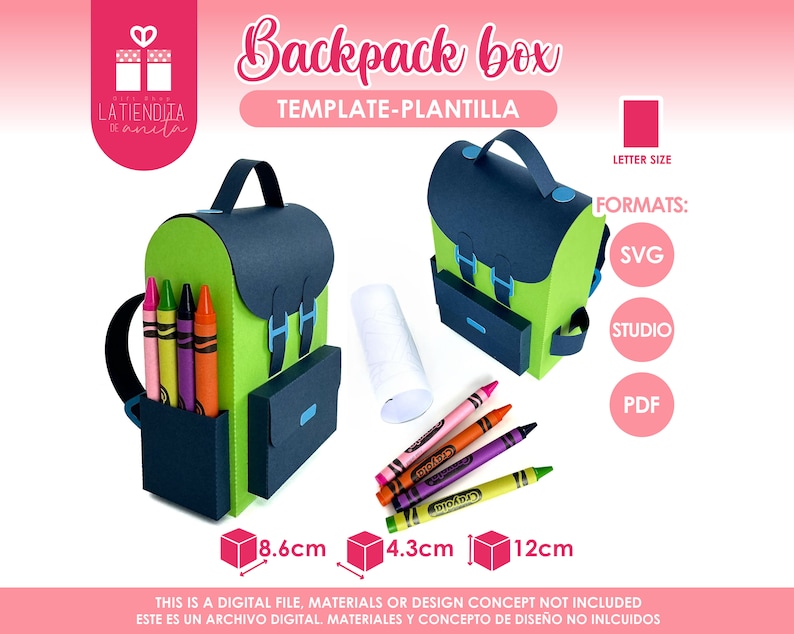 May include: A green and blue backpack box template for crafting. The template is 8.6 cm wide, 4.3 cm deep, and 12 cm tall. The template is available in SVG, Studio, and PDF formats.