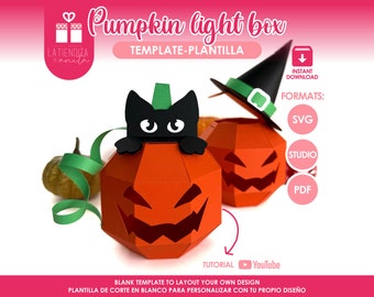 Mall för 3D-pumpaljuslåda, SVG-godislåda, Halloweendekoration (digital nedladdning)