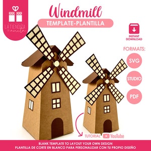 May include: A brown cardboard windmill template for crafting. The template includes a blank space for personalization. The image includes the text "Windmill Template-Plantilla" and "Blank Template to Layout Your Own Design. Plantilla de Corte en Blanco para Personalizar con tu Propio Diseño."