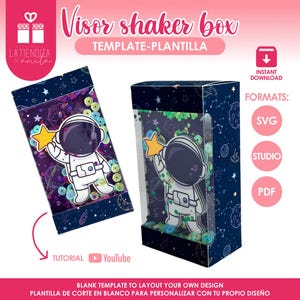 May include: A template for a visor shaker box featuring an astronaut holding a star. The box has a clear window and is filled with confetti. The design includes the text "Visor shaker box" and "TEMPLATE-PLANTILLA". Formats include SVG, STUDIO, and PDF.