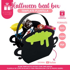 Modèle de boîte de gâteries chaudron, sac de bonbons des bonbons ou des sorts SVG, cadeau d'Halloween, décoration de fête de saison fantasmagorique, cadeaux d'Halloween pour les enfants