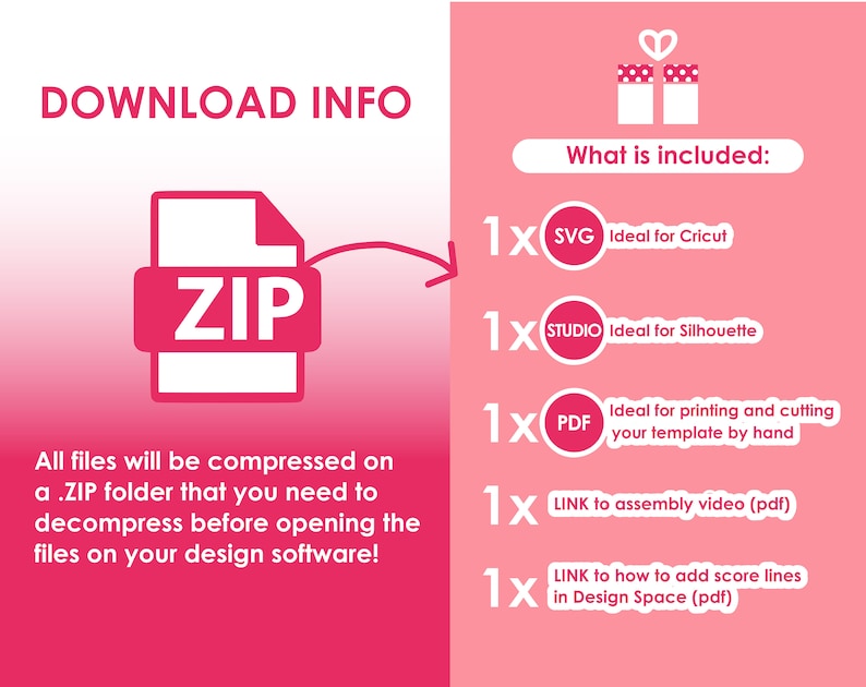 May include: A pink and white graphic with the text "DOWNLOAD INFO" and a pink ZIP file icon. The right side of the graphic shows a pink gift box with a heart on top. The text "What is included:" is below the gift box. The graphic lists five items included in a digital download: 1 SVG file, 1 STUDIO file, 1 PDF file, 1 LINK to an assembly video, and 1 LINK to instructions on how to add score lines in Design Space.