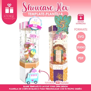 May include: A digital download template for a hexagonal box with a colourful ice cream shop theme. The template includes a printable design for a hexagonal box with a window, a sign that says "Ice Cream Shop", and an "Open" sign. The template is available in SVG, Studio, and PDF formats.