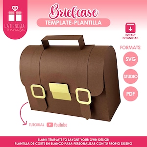 Può includere: Un modello di valigetta di carta marrone con fibbie e manico color oro. L'immagine include il testo "Briefcase Template" e "Download istantaneo" con formati disponibili: SVG, STUDIO e PDF. La parte inferiore dell'immagine recita "Blank template to layout your own design."
