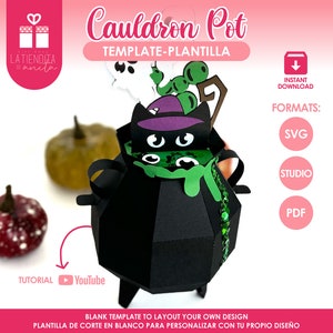 Puede incluir: Un caldero negro con un diseño de limo verde y una cara de gato negro. El caldero es una plantilla 3D para manualidades y está disponible en los formatos SVG, Studio y PDF. El texto "Cauldron Pot" y "TEMPLATE-PLANTILLA" se muestra encima del caldero.
