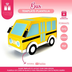 Plantilla SVG de caja de favor de autobús escolar, patrón de autobús de papel 3D, regalos de regreso a la escuela para profesores y estudiantes