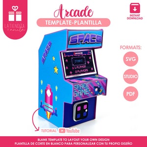 Plantilla de caja de máquina arcade, caja de regalo de juego arcade, plantilla de videojuego, fiesta de videojuegos, caja de regalo de fiesta de juegos