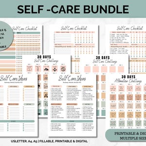Self-Care Checklist Bundle, Wellness Tracker, Self-Care Planner, Self-Care Challenges, Mindfulness Mental Health, Printable and Digital Kit