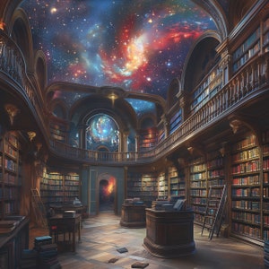 May include: A large, ornate library with wooden bookshelves filled with books. The ceiling is painted with a starry night sky.