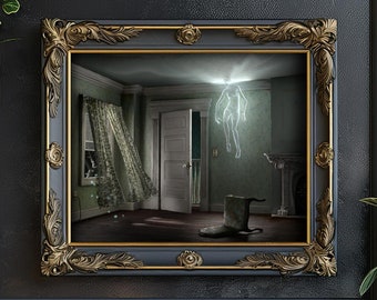 May include: A framed picture of a room with a ghostly figure floating in the doorway. The room is dimly lit and has a vintage feel. The frame is ornate and gold.