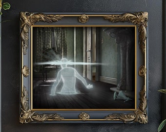 May include: A framed print of a ghostly figure in a room with a fireplace. The figure is translucent and appears to be floating. The room is dimly lit and has a vintage feel.