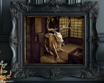 May include: A framed artwork depicting a white, skeletal deer-like creature with antlers and a golden mane standing in a room with a Japanese-style interior. The creature has a human-like body and is looking towards the right side of the image.