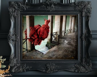 May include: A framed photograph of a red dress blowing in the wind, set against a backdrop of a stone walkway and water.
