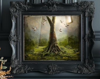 May include: A framed painting of a tree with roots growing out of the ground. The tree is surrounded by green foliage and there are birds flying around it. The painting is in a black frame with ornate details.