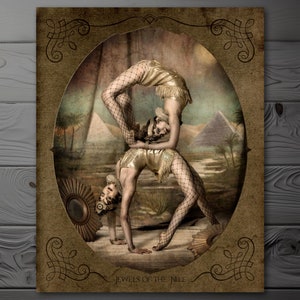 May include: Two women in vintage circus attire perform an acrobatic pose against a backdrop of a desert landscape with pyramids. The image is framed with a decorative border and the text "Jewels of the Nile" is at the bottom.