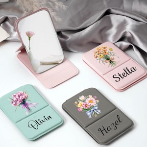 Personalized Square Mirror,Pocket Mirror with Name and Logo,Bridesmaid Gift,Travel Makeup Mirror,Birthday Gift,Custom Flower Design for Her