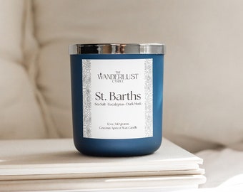 St. Barths Handmade Scented Minimalist Coconut Apricot wax candles + Sandalwood, Eucalyptus, and Dark musk *The Wanderlust Candle*