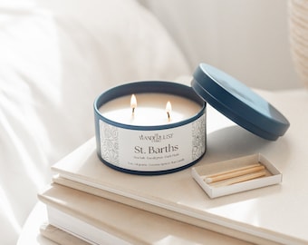 St. Barths Handmade Scented Minimalist Coconut Apricot wax candles + Sandalwood, Eucalyptus, and Dark musk - SMALL *The Wanderlust Candle*