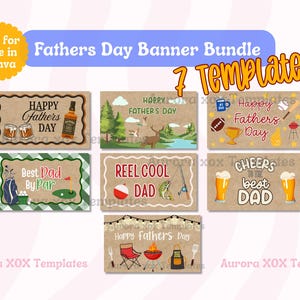 May include: A bundle of seven Father's Day banner templates. Each banner features a unique design with themes like golf, fishing, and grilling. The banners have a rustic, kraft paper appearance with various illustrations and text.