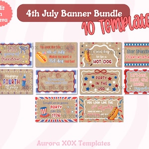 Könnte beinhalten: Eine Sammlung von zehn 4. Juli Banner-Vorlagen mit patriotischen Designs. Jedes Banner zeigt Text und Grafiken, darunter Feuerwerk, Hotdogs und Sterne, in Rot, Weiß und Blau. Die Banner befinden sich auf einem braunen Hintergrund.