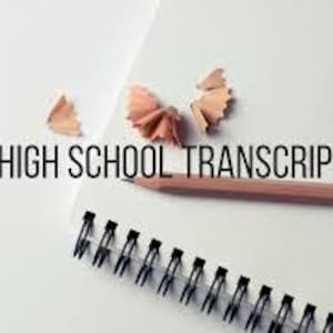 May include: A close-up of a spiral bound notebook with a pencil and pencil shavings on a white surface. The text "HIGH SCHOOL TRANSCRIPT" is printed on the notebook.